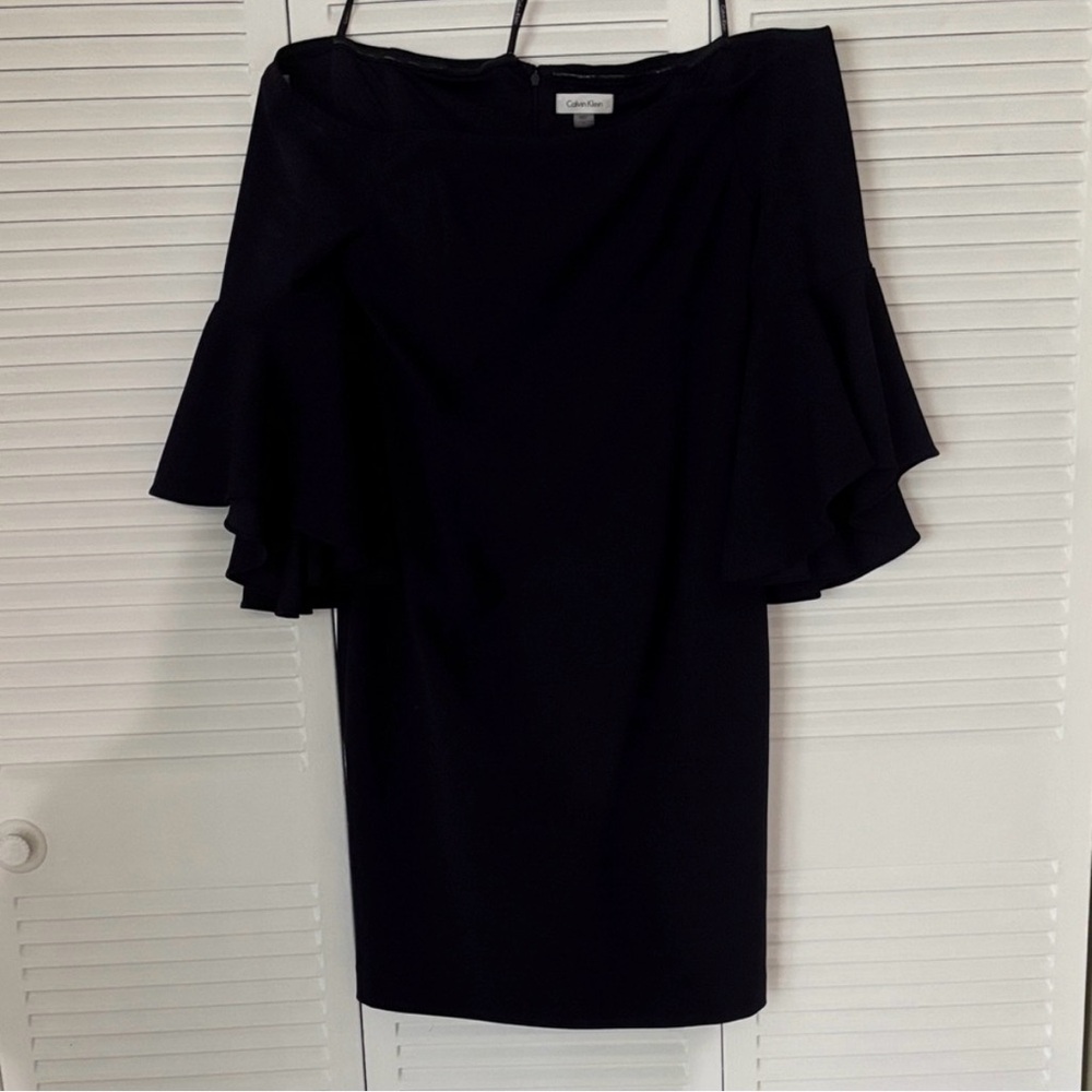 Calvin Klein Black 3 Quarter Bell Sleeve Boat Neck Sheath Dress
